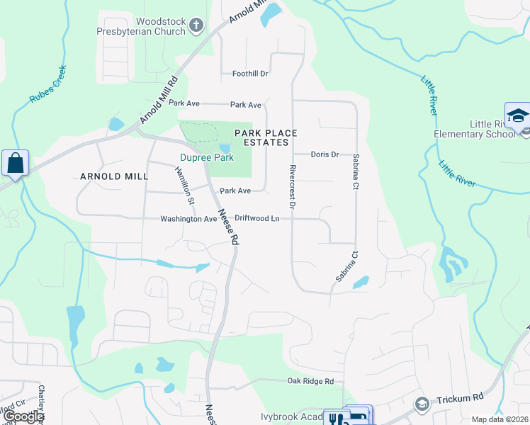 map of restaurants, bars, coffee shops, grocery stores, and more near 115 Driftwood Lane in Woodstock
