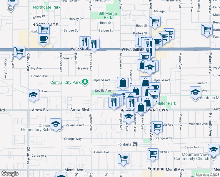 map of restaurants, bars, coffee shops, grocery stores, and more near 16600 Seville Avenue in Fontana