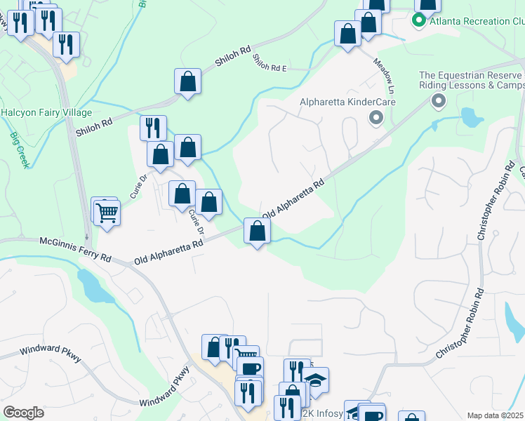map of restaurants, bars, coffee shops, grocery stores, and more near 1200 Old Alpharetta Road in Alpharetta
