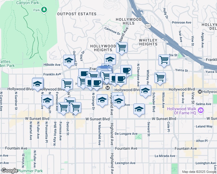 map of restaurants, bars, coffee shops, grocery stores, and more near 6801 Hollywood Boulevard in Los Angeles