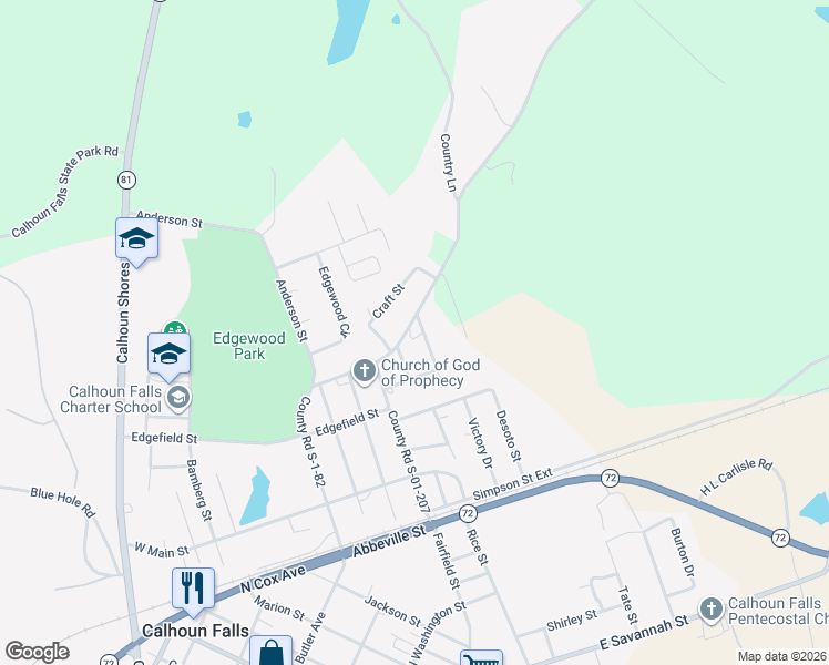 map of restaurants, bars, coffee shops, grocery stores, and more near 100 Thomas Street in Calhoun Falls