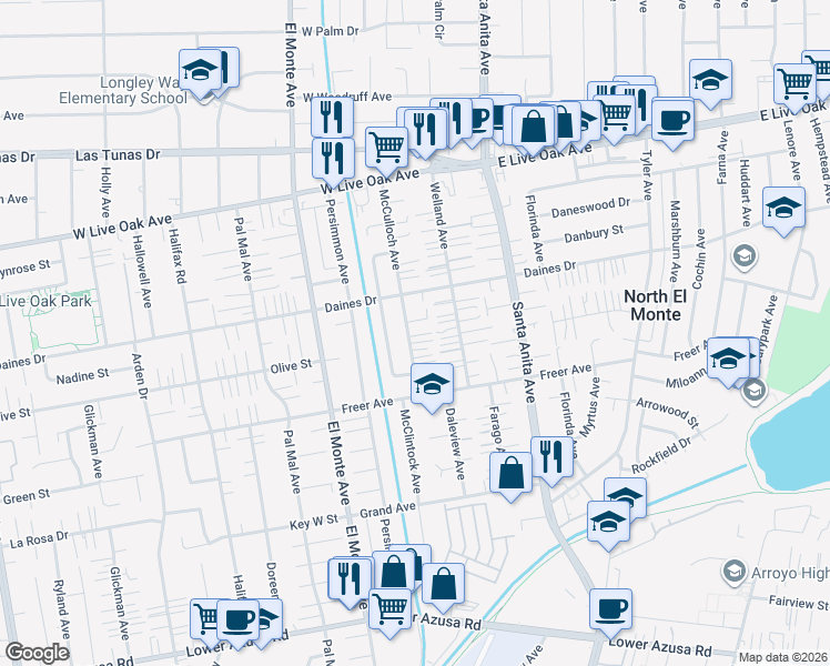map of restaurants, bars, coffee shops, grocery stores, and more near 5414 McCulloch Avenue in Temple City