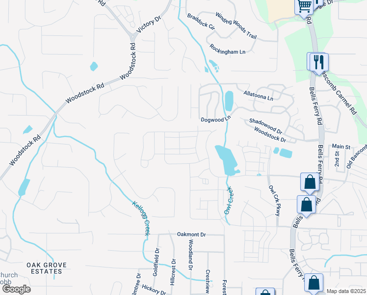 map of restaurants, bars, coffee shops, grocery stores, and more near 628 Devon Alley in Acworth