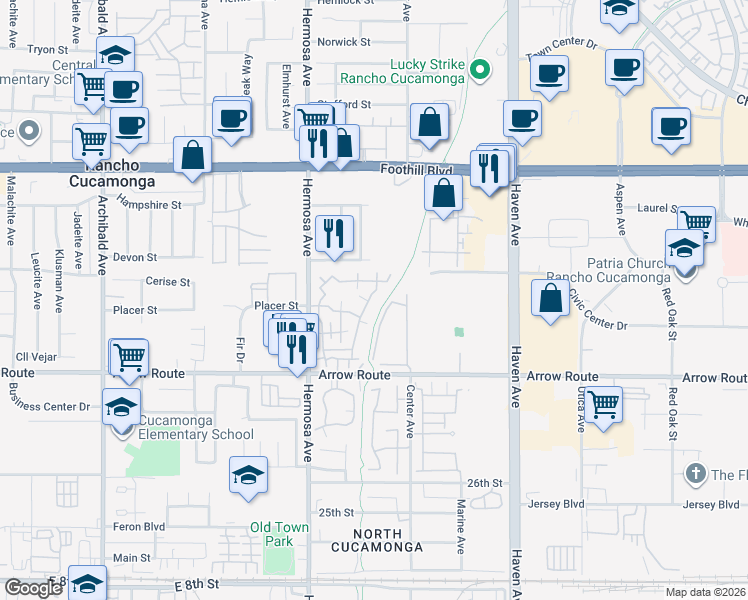 map of restaurants, bars, coffee shops, grocery stores, and more near 8353 Sunset Trail Place in Rancho Cucamonga
