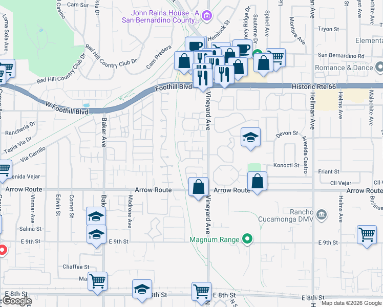 map of restaurants, bars, coffee shops, grocery stores, and more near 8807 Knollwood Drive in Rancho Cucamonga
