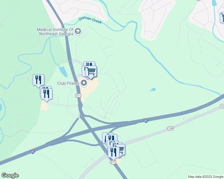 map of restaurants, bars, coffee shops, grocery stores, and more near 45 Loches Trail in Braselton