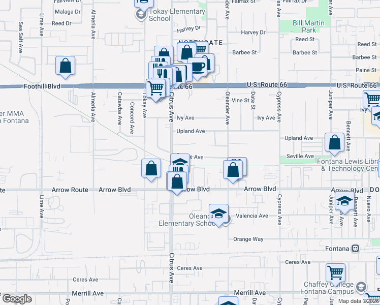 map of restaurants, bars, coffee shops, grocery stores, and more near 16198 Owen Street in Fontana