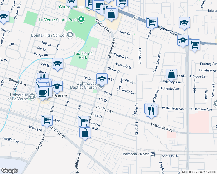 map of restaurants, bars, coffee shops, grocery stores, and more near 2534 8th Street in La Verne