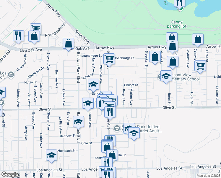 map of restaurants, bars, coffee shops, grocery stores, and more near 4942 Maine Avenue in Baldwin Park