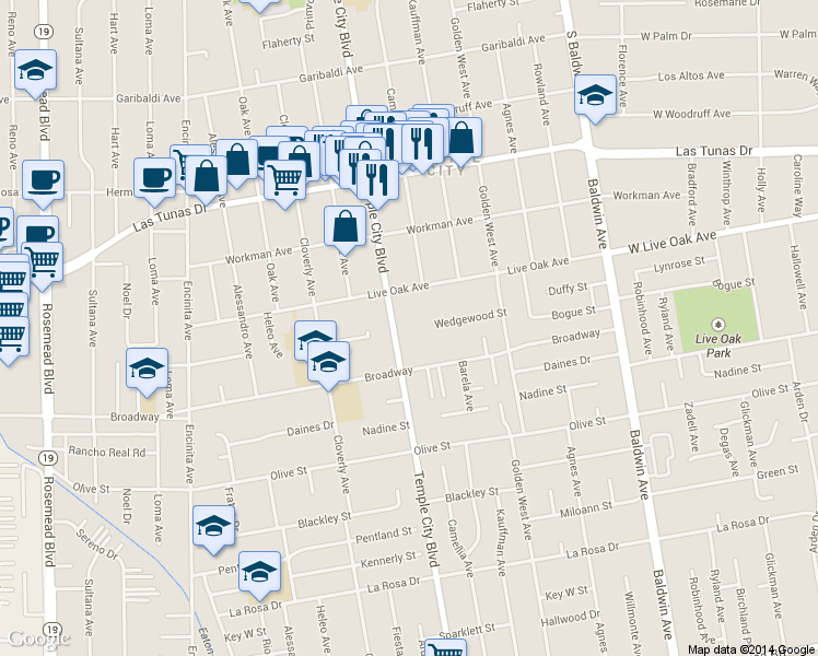 map of restaurants, bars, coffee shops, grocery stores, and more near 9642 Live Oak Avenue in Temple City
