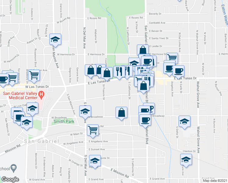 map of restaurants, bars, coffee shops, grocery stores, and more near 421 East Live Oak Street in San Gabriel