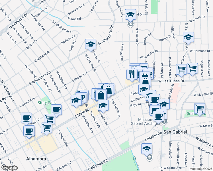 map of restaurants, bars, coffee shops, grocery stores, and more near 115 North Vega Street in Alhambra
