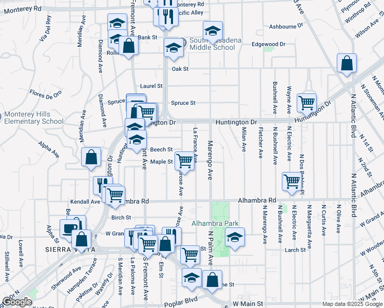 map of restaurants, bars, coffee shops, grocery stores, and more near 1938 La France Avenue in South Pasadena