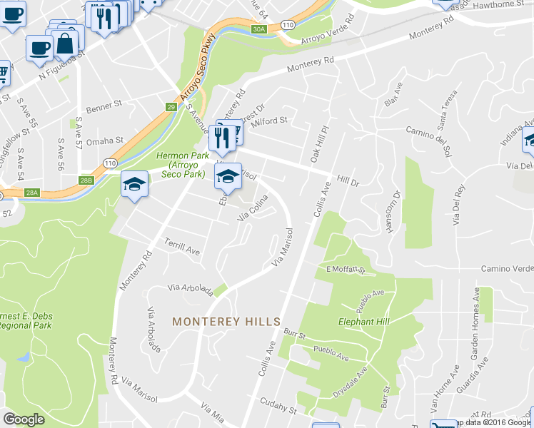map of restaurants, bars, coffee shops, grocery stores, and more near 4808 Vía Colina in Los Angeles