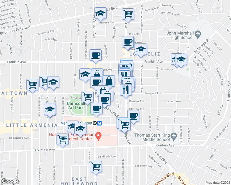 map of restaurants, bars, coffee shops, grocery stores, and more near 4530 Kingswell Avenue in Los Angeles