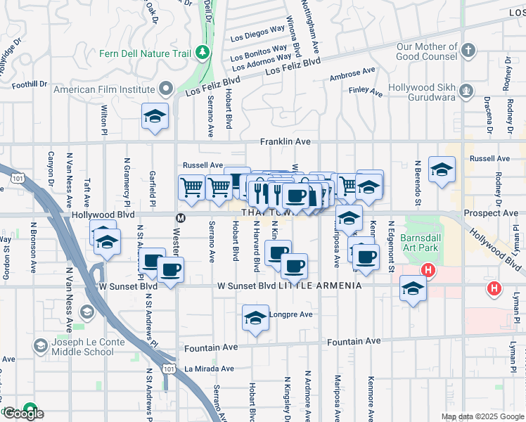 map of restaurants, bars, coffee shops, grocery stores, and more near in Los Angeles