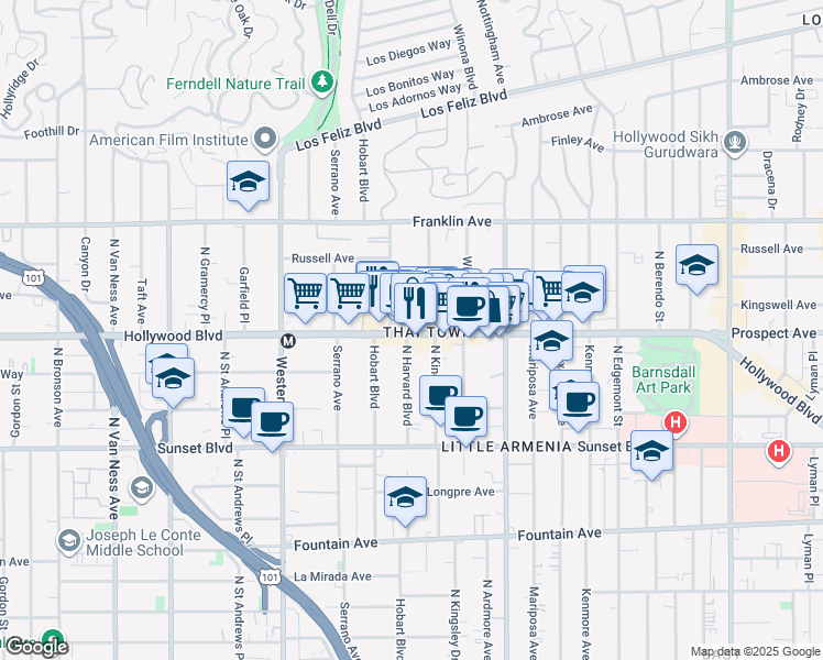 map of restaurants, bars, coffee shops, grocery stores, and more near in Los Angeles