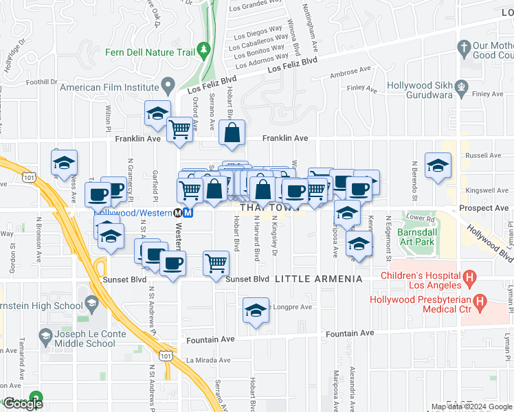 map of restaurants, bars, coffee shops, grocery stores, and more near 1720 North Harvard Boulevard in Los Angeles