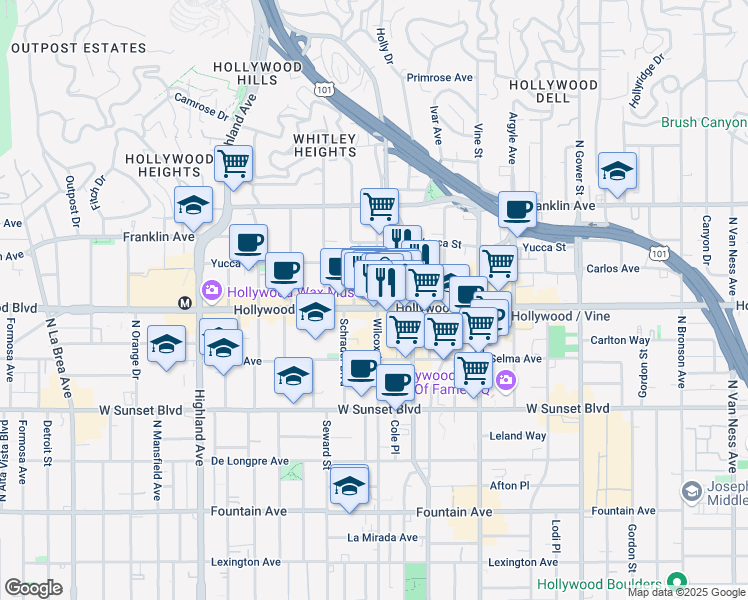 map of restaurants, bars, coffee shops, grocery stores, and more near 1720 Wilcox Avenue in Los Angeles