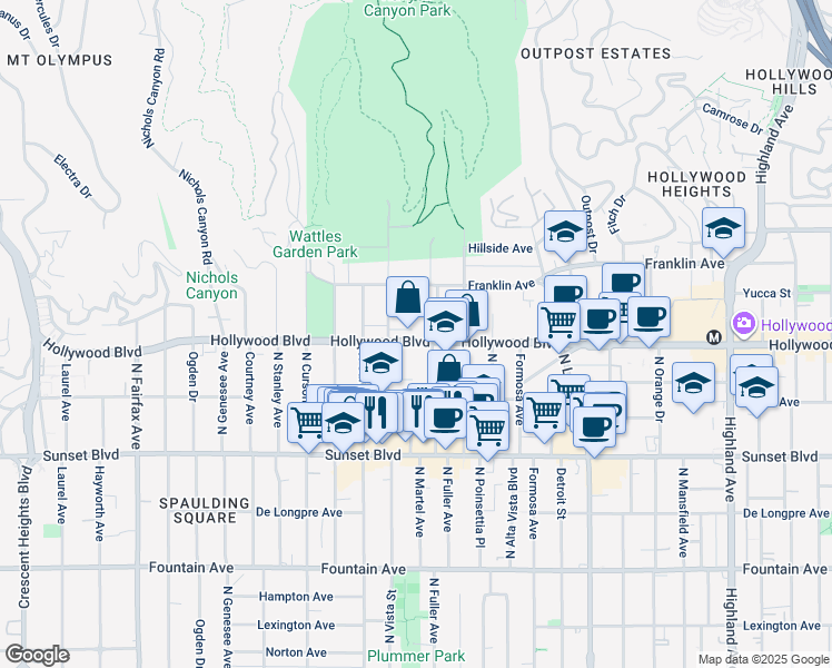 map of restaurants, bars, coffee shops, grocery stores, and more near 1718 North Vista Street in Los Angeles