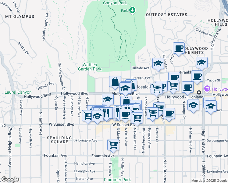 map of restaurants, bars, coffee shops, grocery stores, and more near 1718 North Vista Street in Los Angeles