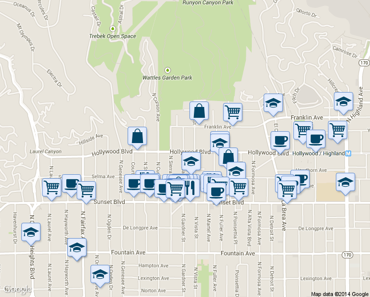 map of restaurants, bars, coffee shops, grocery stores, and more near 1731 North Gardner Street in Los Angeles