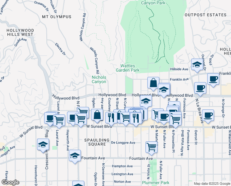 map of restaurants, bars, coffee shops, grocery stores, and more near 1722 North Stanley Avenue in Los Angeles