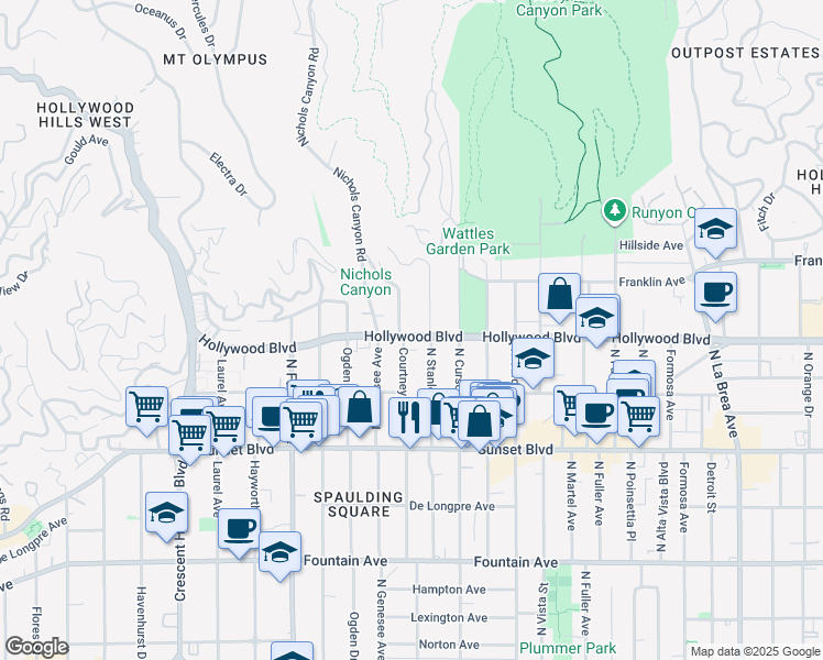 map of restaurants, bars, coffee shops, grocery stores, and more near 1723 Courtney Avenue in Los Angeles