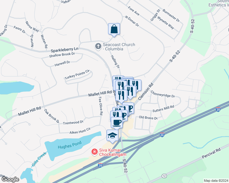 map of restaurants, bars, coffee shops, grocery stores, and more near 12 Pinegate Court in Columbia