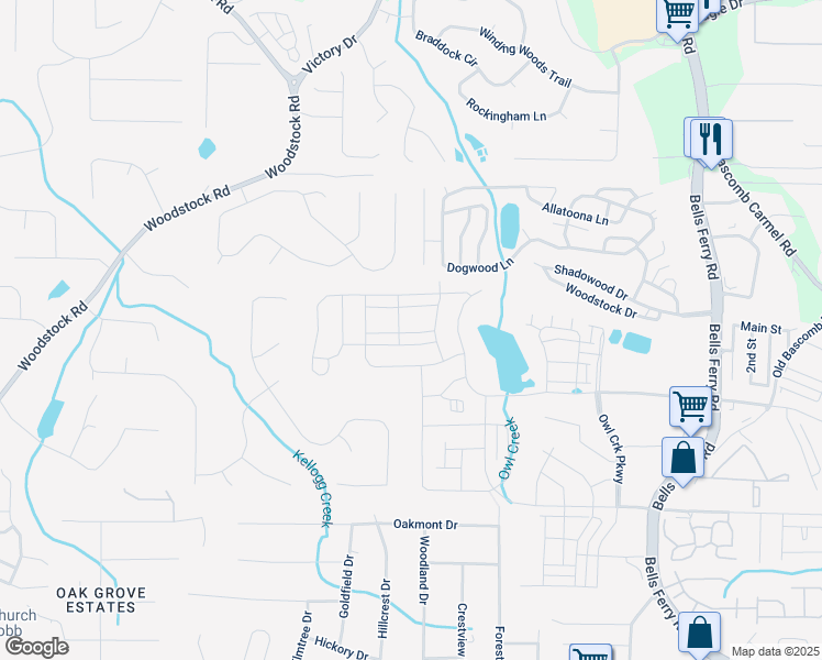 map of restaurants, bars, coffee shops, grocery stores, and more near 624 Devon Alley in Acworth