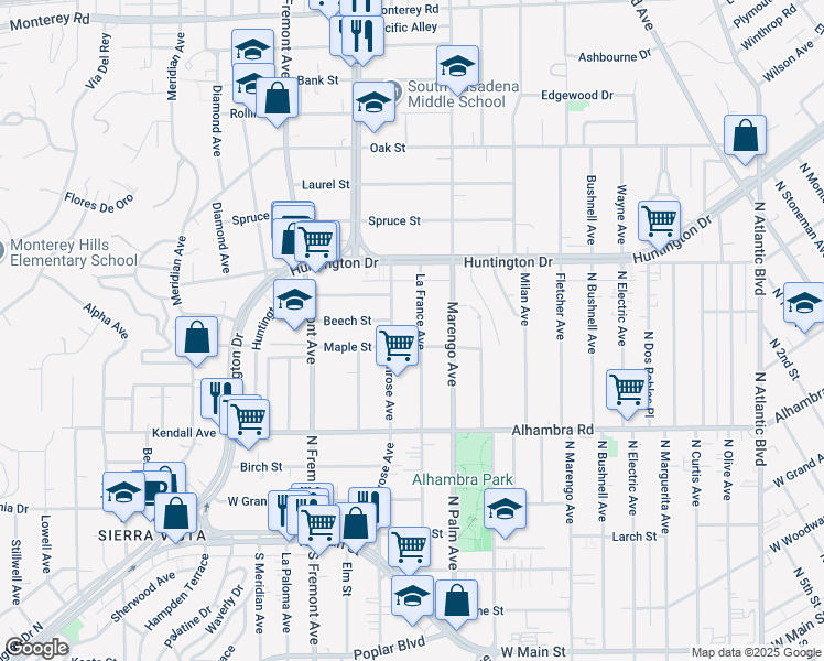 map of restaurants, bars, coffee shops, grocery stores, and more near 1938 La France Avenue in South Pasadena
