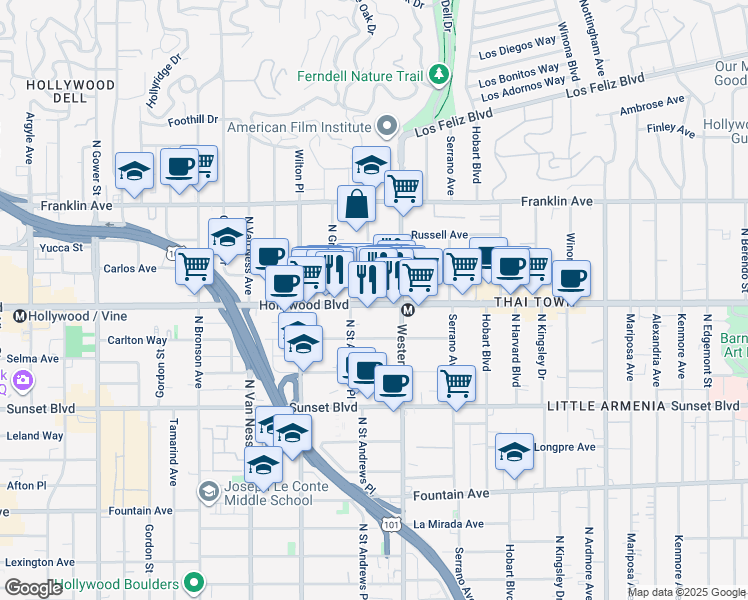 map of restaurants, bars, coffee shops, grocery stores, and more near 5533 Hollywood Boulevard in Los Angeles
