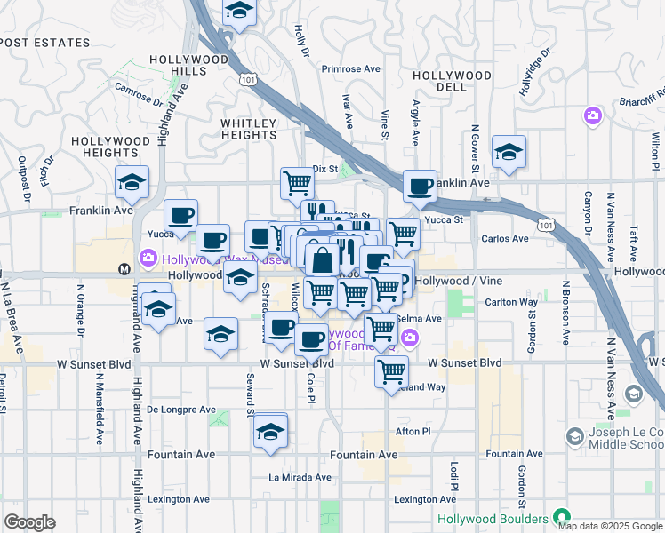 map of restaurants, bars, coffee shops, grocery stores, and more near 1724 North Cahuenga Boulevard in Los Angeles