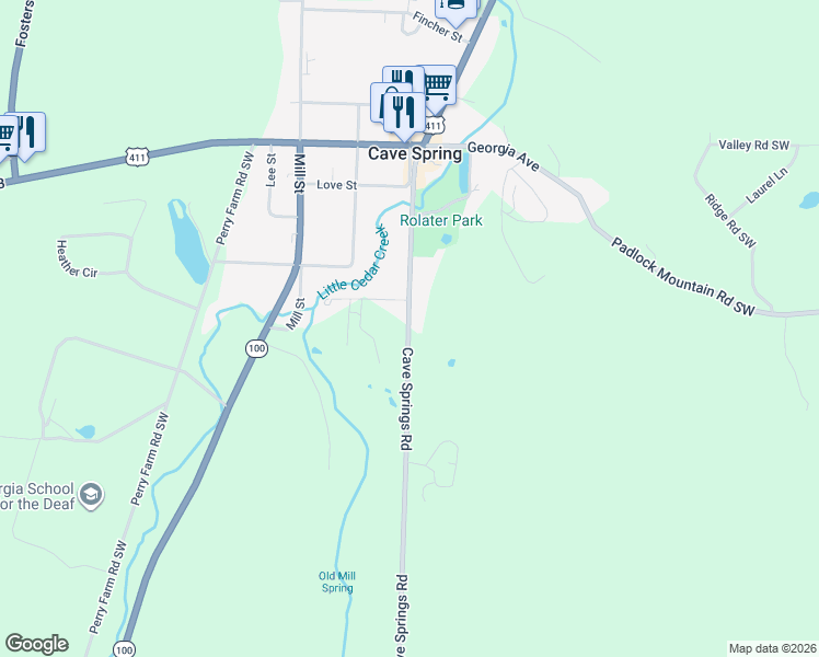 map of restaurants, bars, coffee shops, grocery stores, and more near 37 Old Cedartown Road in Cave Spring