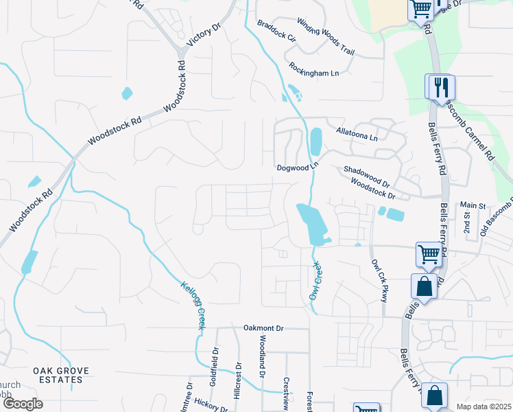 map of restaurants, bars, coffee shops, grocery stores, and more near 620 Devon Alley in Acworth