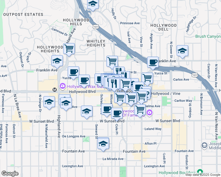 map of restaurants, bars, coffee shops, grocery stores, and more near 1720 Wilcox Avenue in Los Angeles