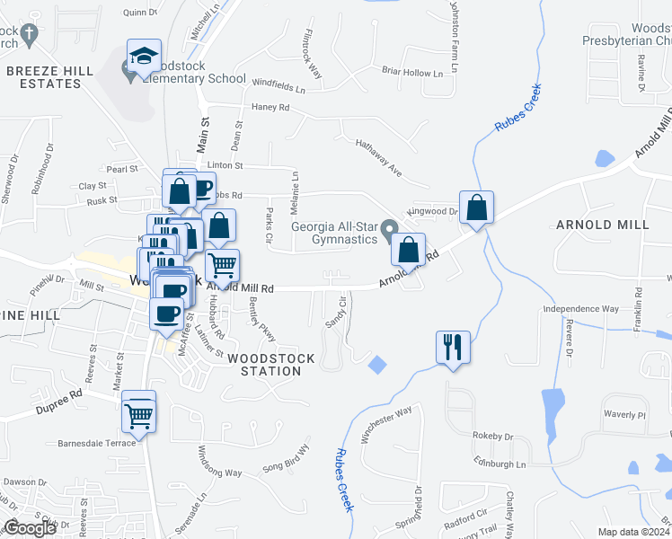 map of restaurants, bars, coffee shops, grocery stores, and more near 212 Sessions Street in Woodstock