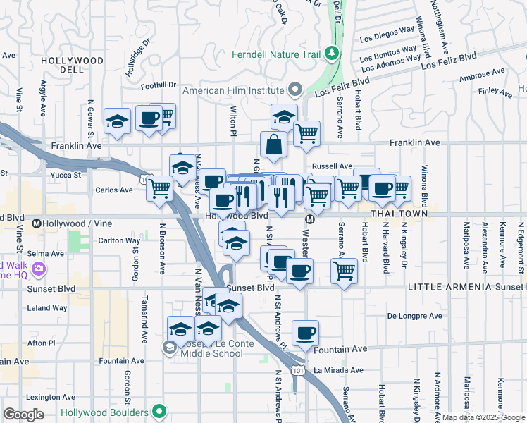 map of restaurants, bars, coffee shops, grocery stores, and more near 5628 West Observation Lane in Los Angeles