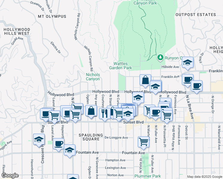 map of restaurants, bars, coffee shops, grocery stores, and more near 1722 North Stanley Avenue in Los Angeles