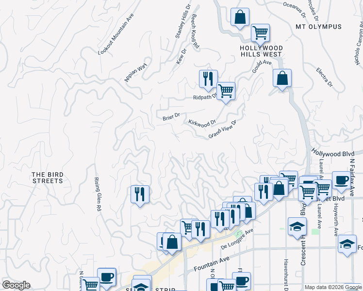 map of restaurants, bars, coffee shops, grocery stores, and more near 8494 Cole Crest Drive in West Hollywood