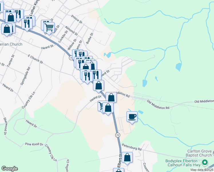 map of restaurants, bars, coffee shops, grocery stores, and more near 709 Elbert Street in Elberton