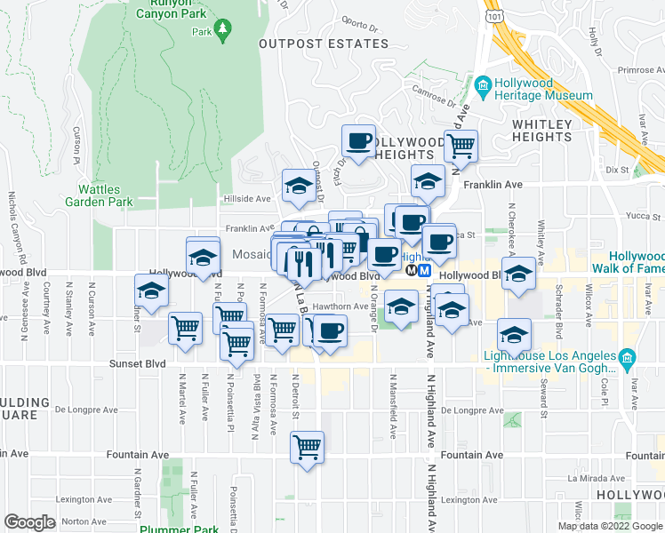 map of restaurants, bars, coffee shops, grocery stores, and more near 1 North Sycamore Avenue in Los Angeles