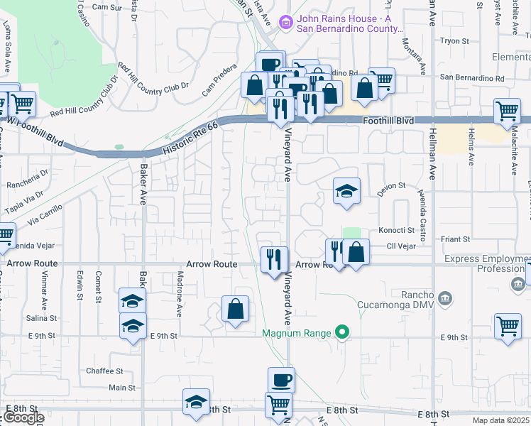 map of restaurants, bars, coffee shops, grocery stores, and more near 8807 Knollwood Drive in Rancho Cucamonga