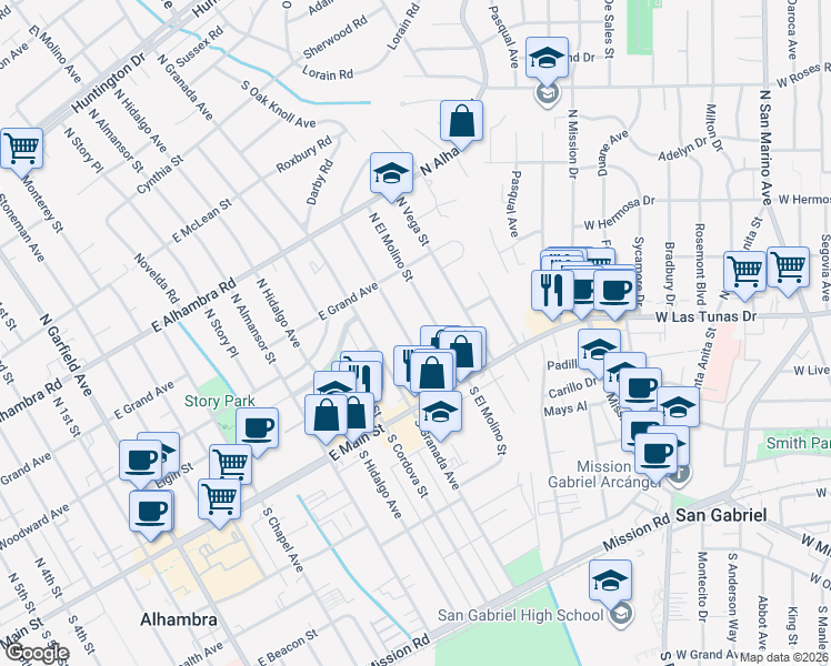 map of restaurants, bars, coffee shops, grocery stores, and more near North Valencia Street in Alhambra