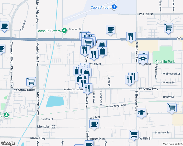 map of restaurants, bars, coffee shops, grocery stores, and more near in Upland