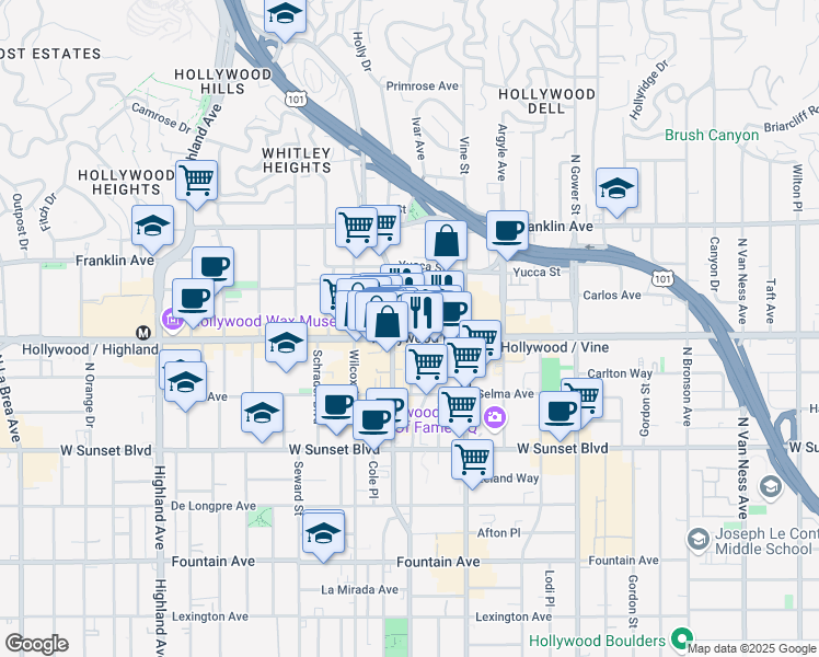 map of restaurants, bars, coffee shops, grocery stores, and more near 1724 North Cahuenga Boulevard in Los Angeles
