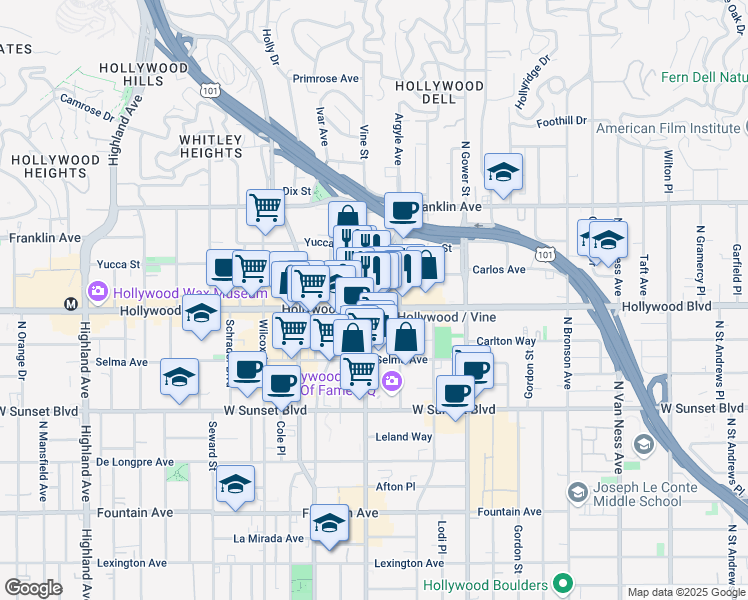 map of restaurants, bars, coffee shops, grocery stores, and more near 1720 Vine Street in Los Angeles