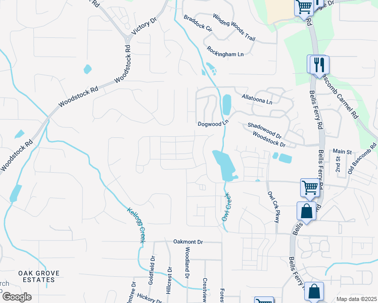map of restaurants, bars, coffee shops, grocery stores, and more near 604 Devon Alley in Acworth