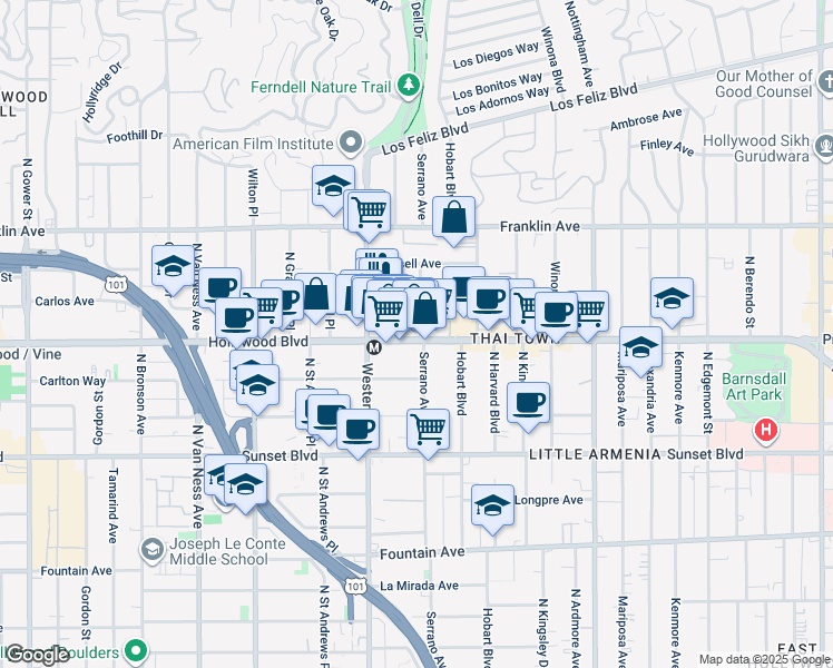 map of restaurants, bars, coffee shops, grocery stores, and more near 5429 Hollywood Boulevard in Los Angeles