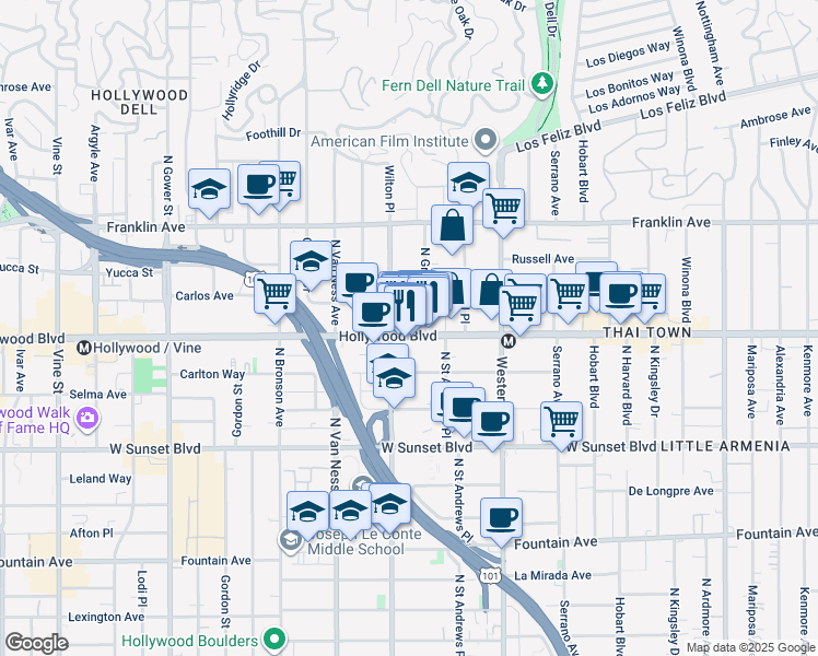 map of restaurants, bars, coffee shops, grocery stores, and more near 5628 West Observation Lane in Los Angeles